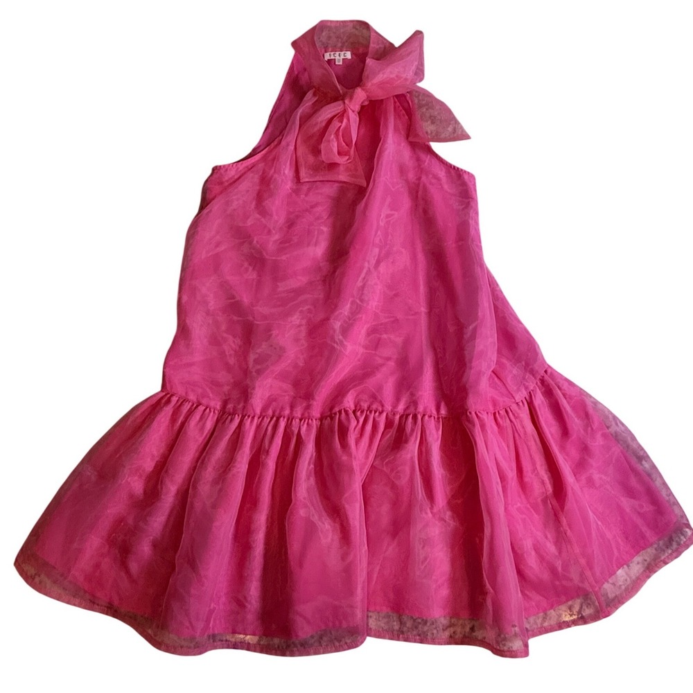 TCEC Pink Organza Halter Neck Bow Mini Dress Womens Medium Tiered Ruffle Hem